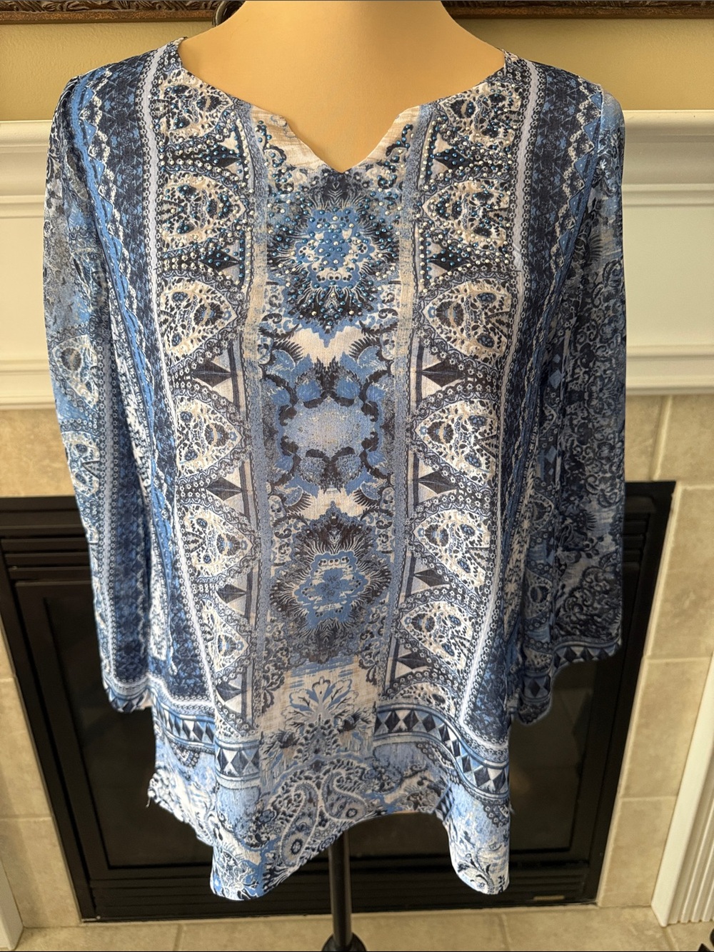 JM Collection Blue Printed Long-Sleeve Tunic Top